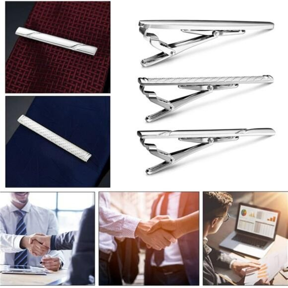 set of 3 silver tie clips stainless steel for men business wedding formal attire - Picture 2 of 7